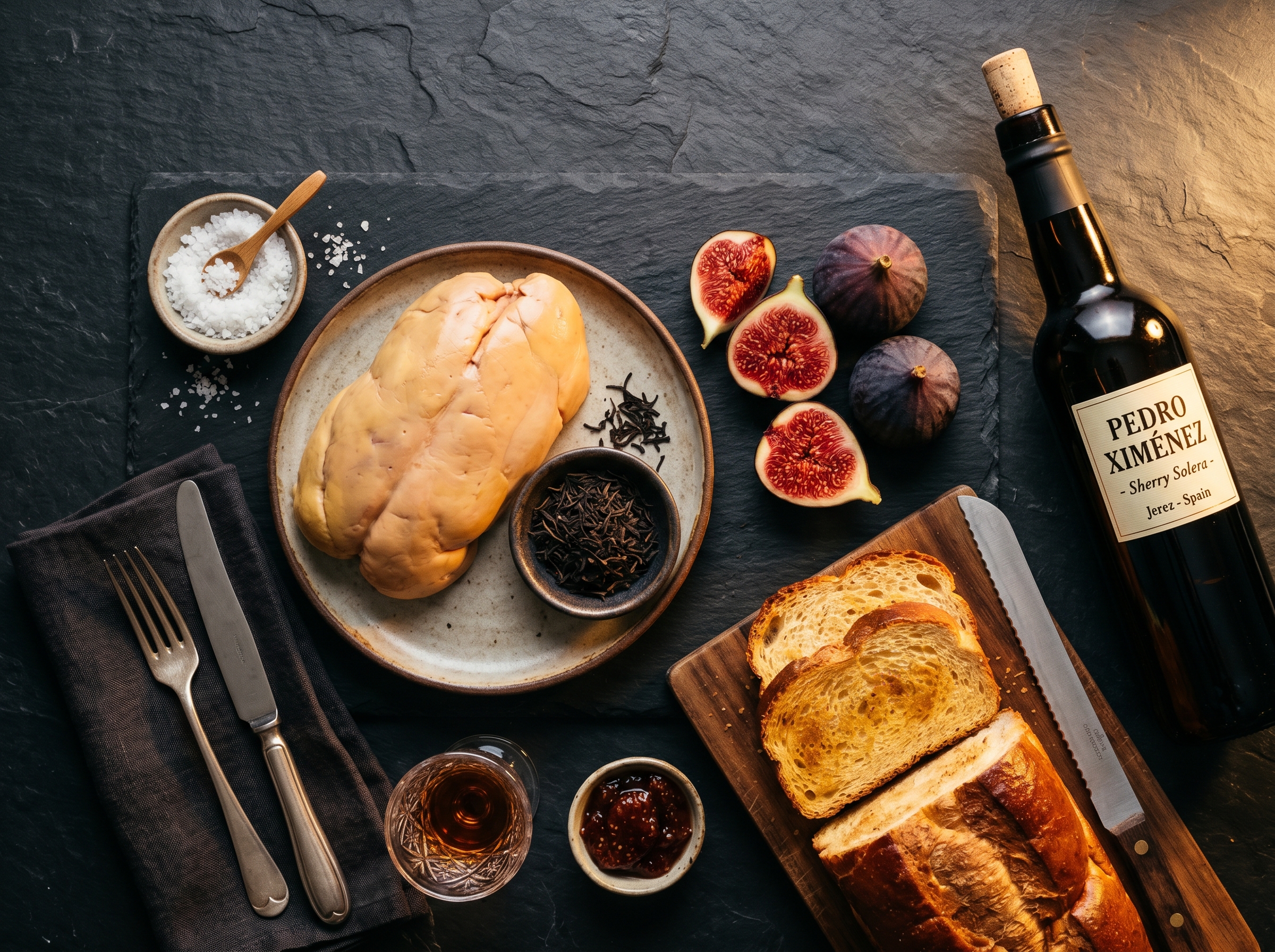 Flat lay ingredientes del foie gras mi-cuit con té Lapsang