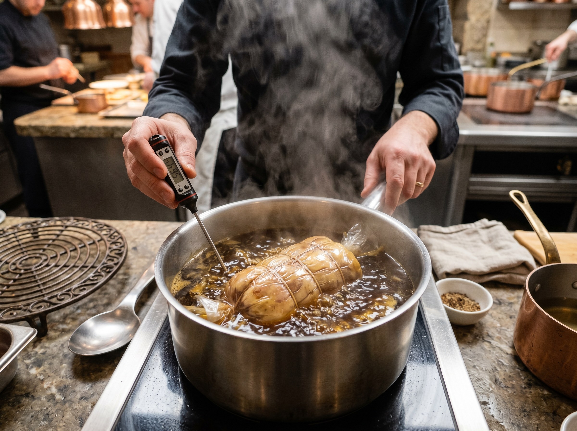 Foie gras escalfándose en caldo de té Lapsang Souchong