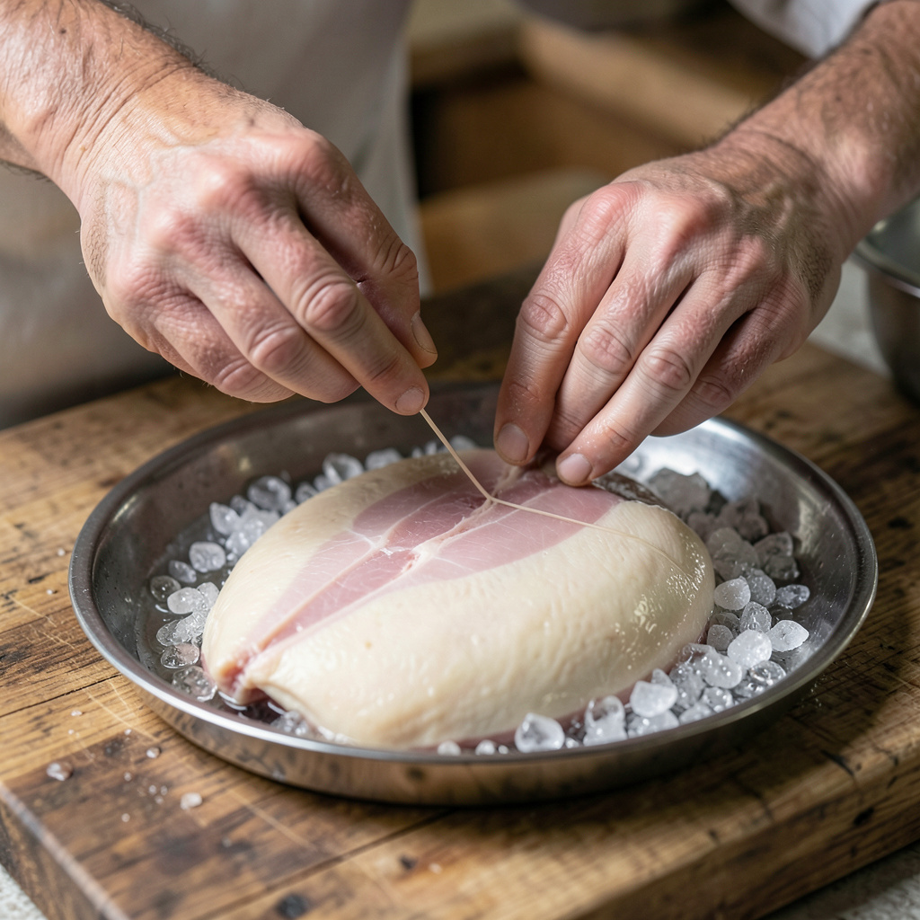 Desvenado del lóbulo de foie gras sobre hielo picado en bandeja metálica