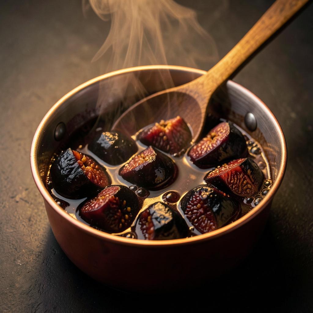 Higos negros caramelizándose en cazo de cobre — compota brillante y densa