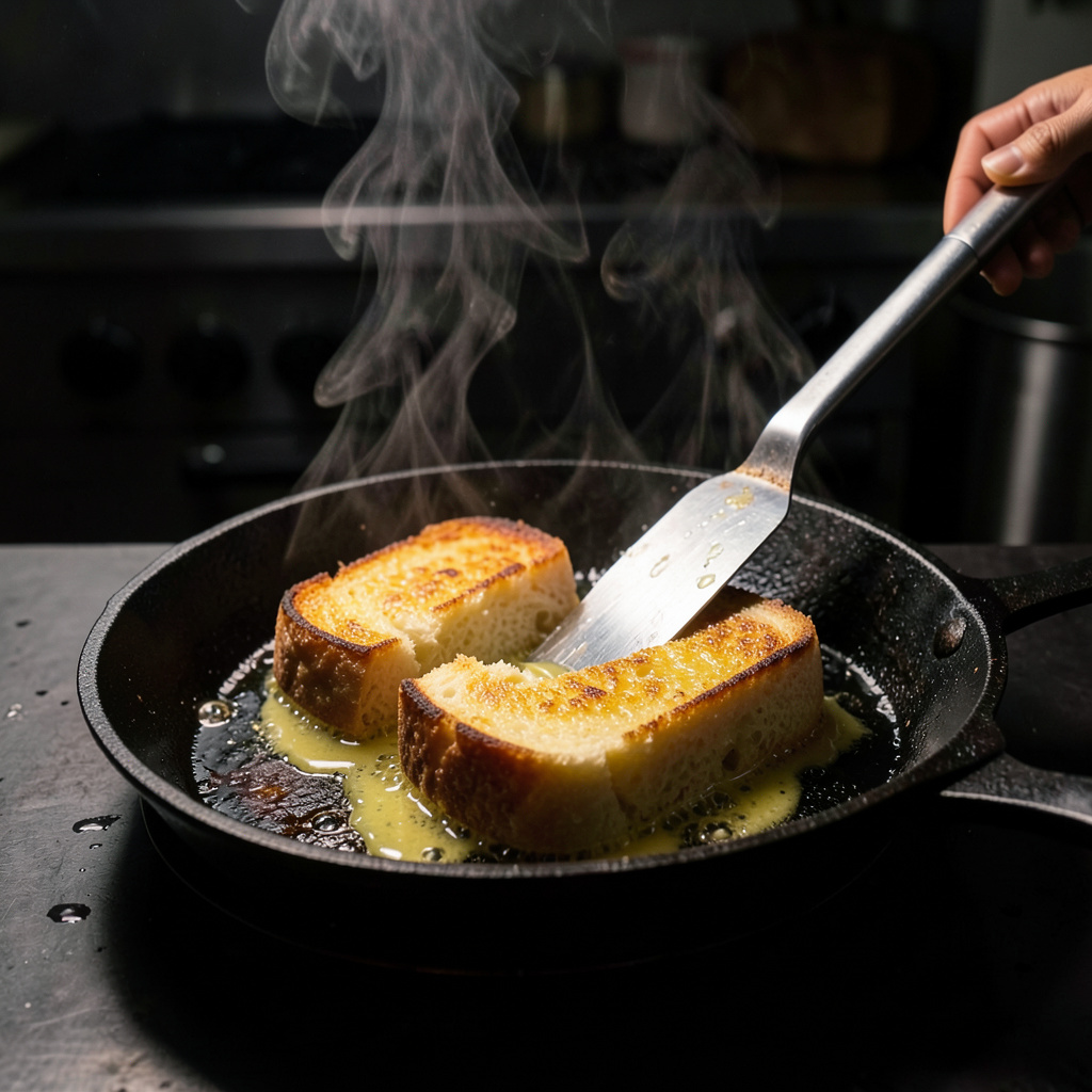 Brioche girándose con espátula en sartén de hierro — costra de Maillard en mantequilla