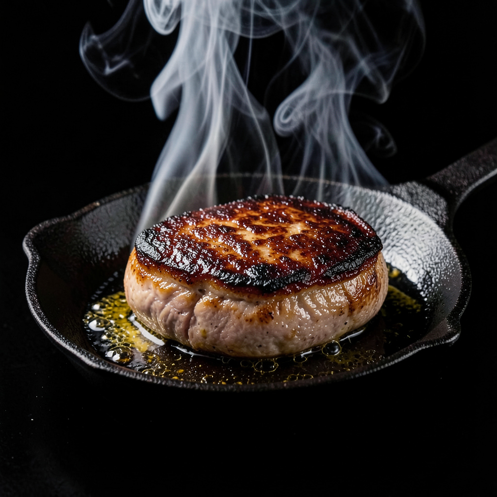 Escalope de foie sellándose en sartén de hierro en seco — costra oscura y humo dramático