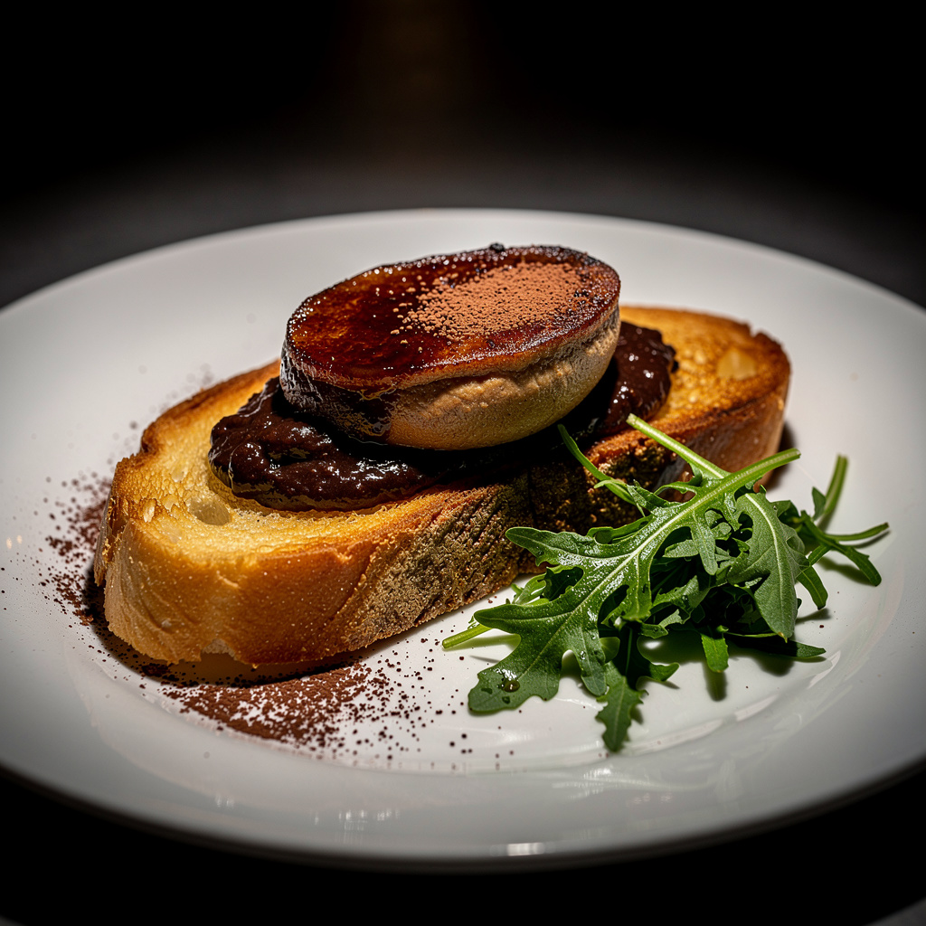 Emplatado: foie sobre compota de higo y brioche, sal de cacao y rúcula — plato blanco