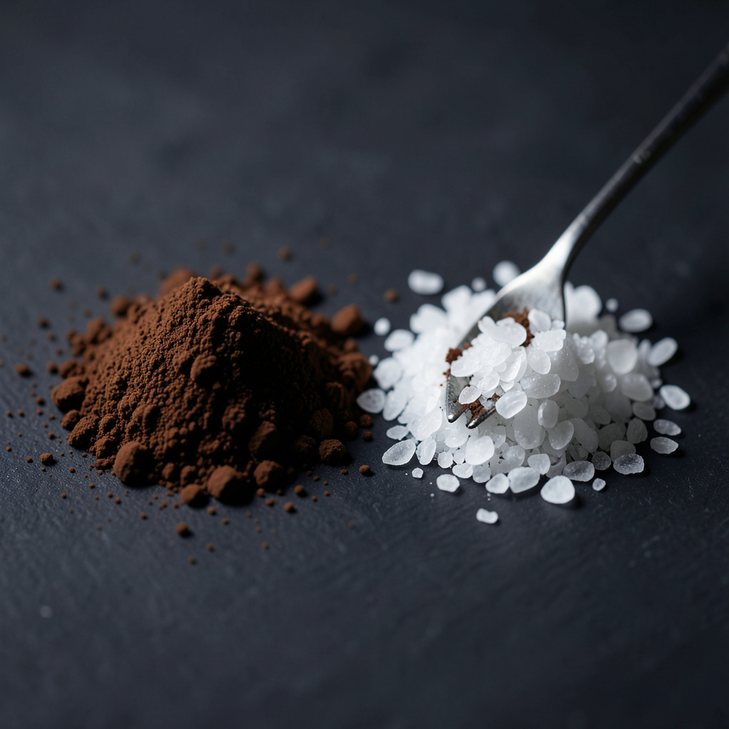 Mise en place: cacao en polvo y sal Maldon antes de mezclar — la sal de cacao