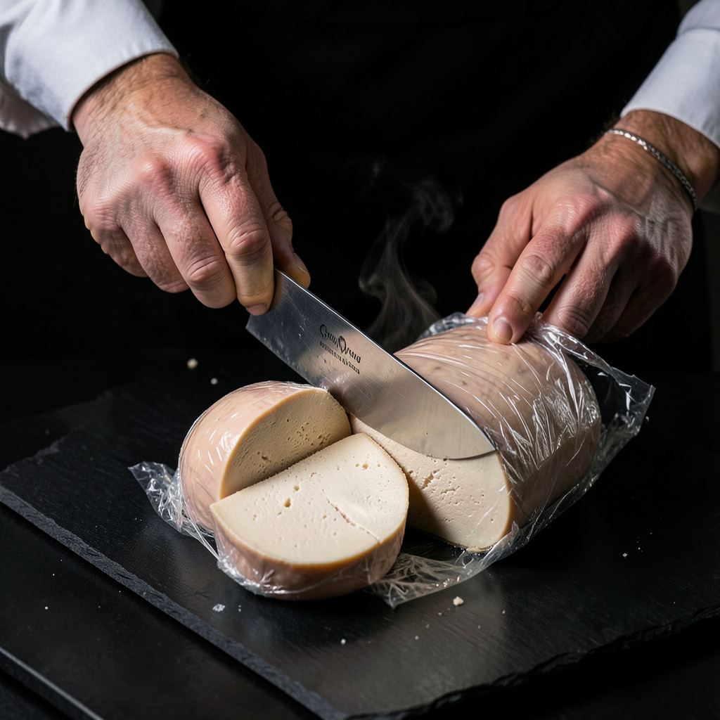 Corte del cilindro de foie en escalopes de 2,5 cm con cuchillo caliente — sección ivory