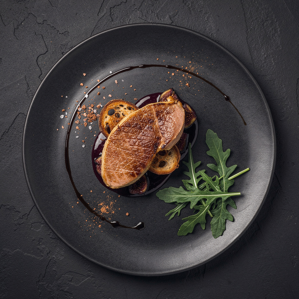 Escalope de foie gras de pato a la plancha sobre compota de higo negro caramelizado, sal de cacao y brioche de mantequilla tostada