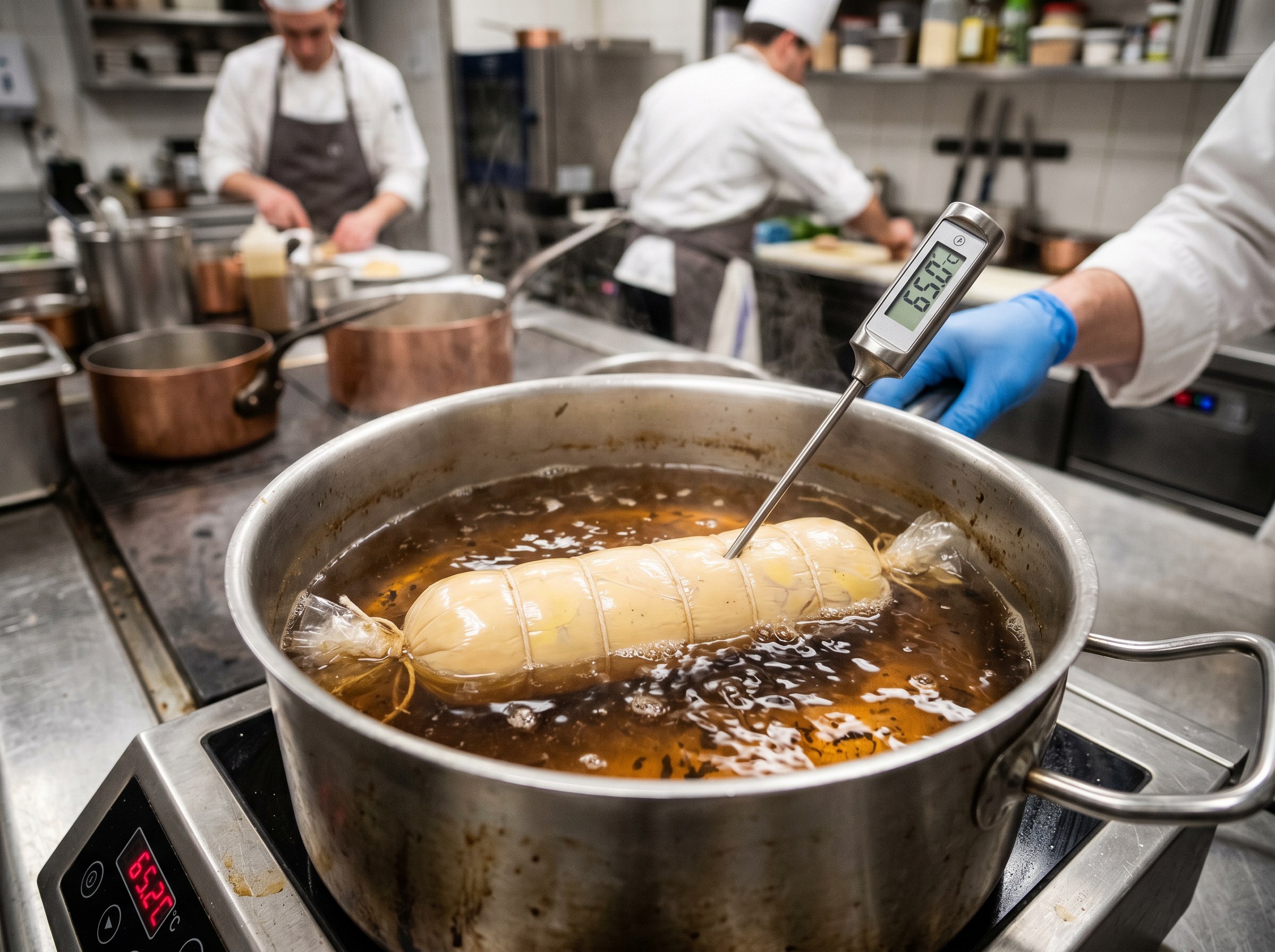 Foie mi-cuit escalfando en té Lapsang Souchong a 65°C, envuelto en film perfecto