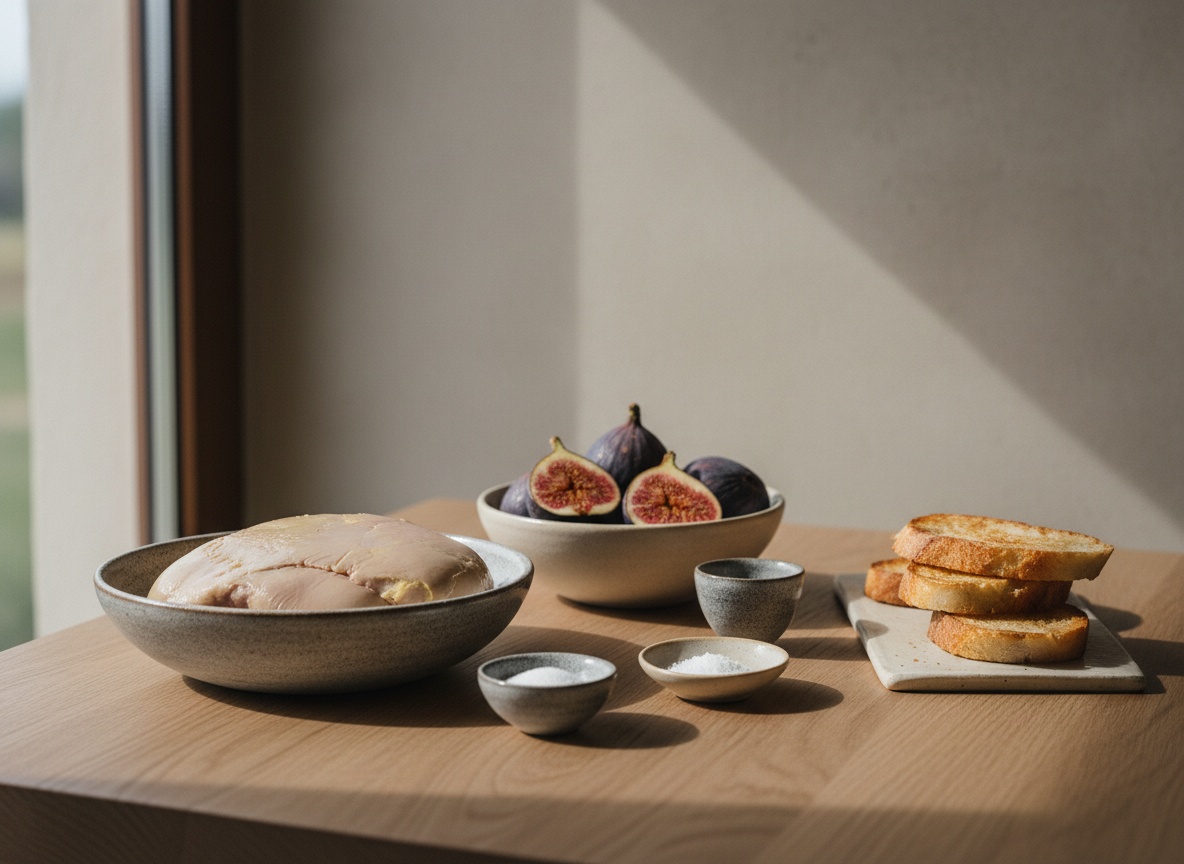 Ingredientes del foie micuit vistos de lado sobre cerámica artesanal: foie de pato, higos, azúcar, sal y licor en cuencos gris piedra sobre roble.
