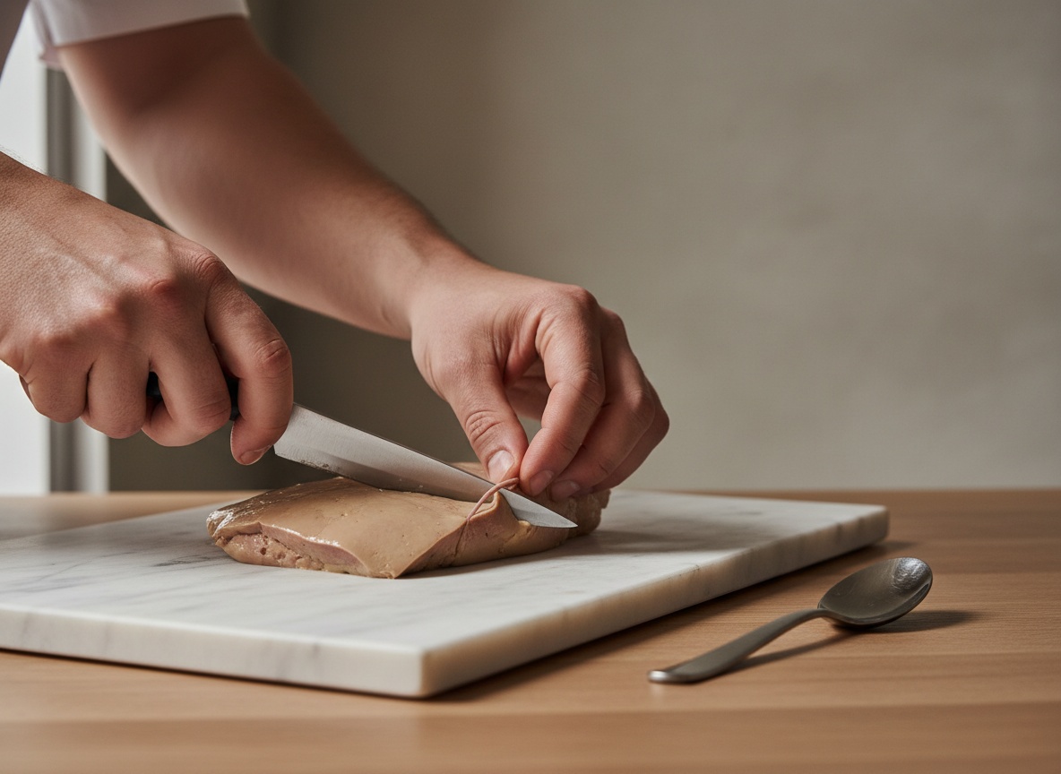 Manos desvenando el lóbulo de foie de pato con una puntilla sobre tabla fría.