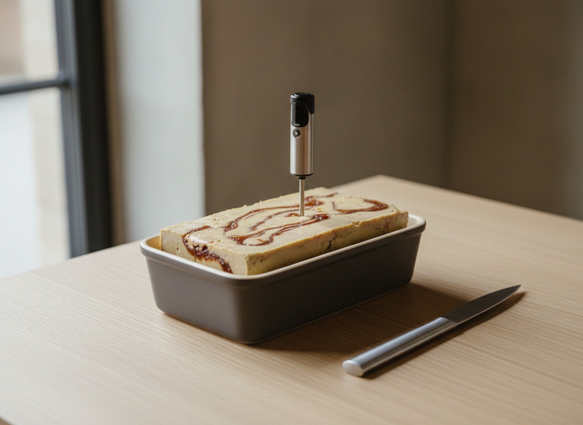 Foie prensado en la terrina con la sonda de temperatura insertada en el centro.