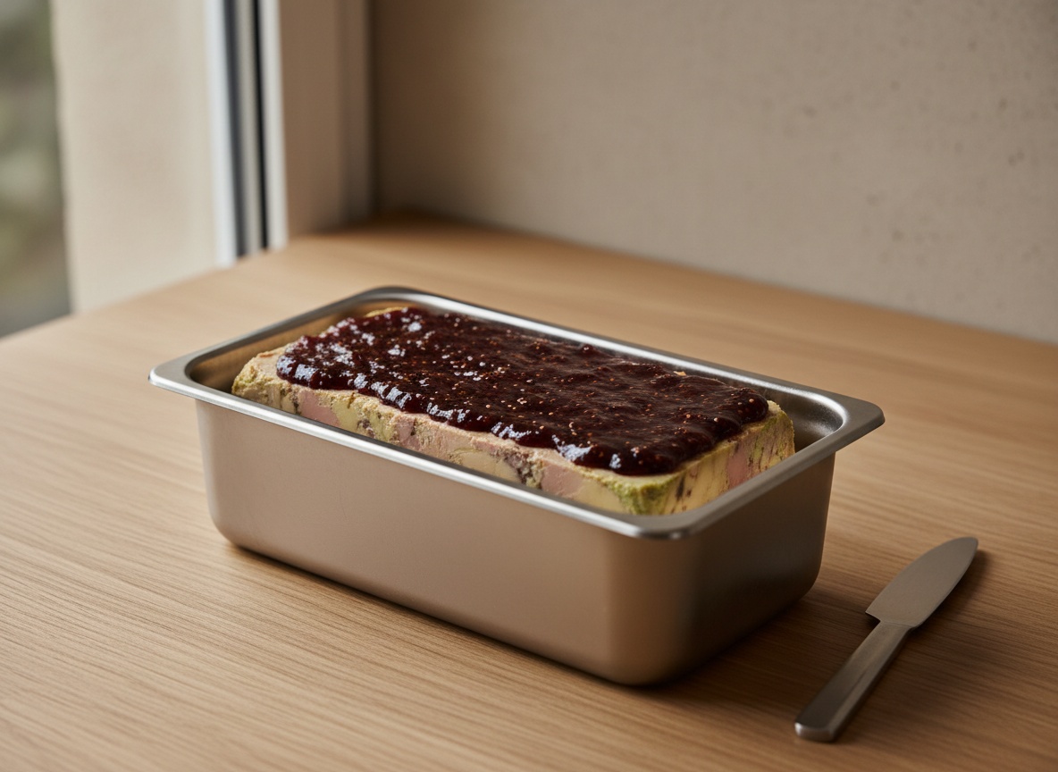 Terrina de micuit prensada y enfriándose en la nevera.