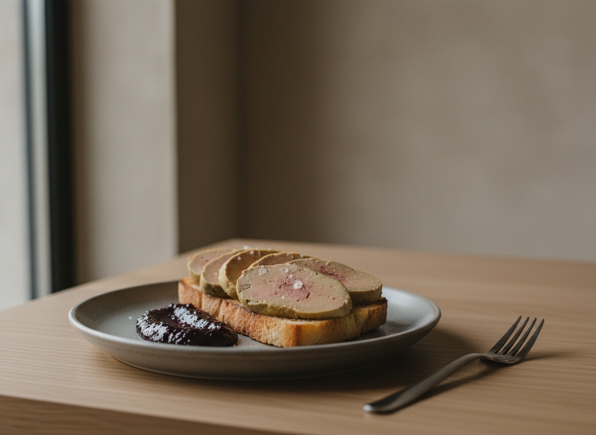 Terrina de foie micuit de pato cortada en rodajas sedosas junto a una cucharada de mermelada de higo y pan tostado, sobre cerámica artesanal gris piedra en superficie de roble con luz natural por la izquierda.