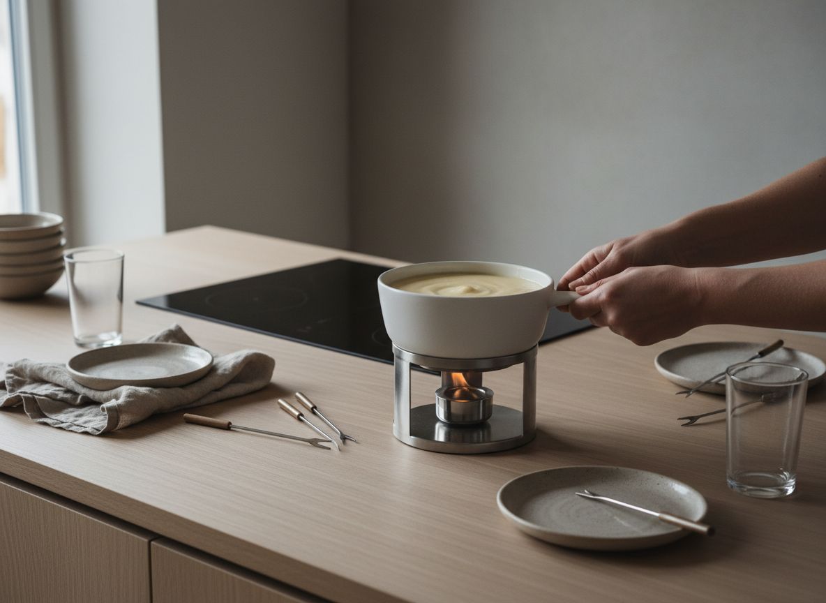 Lleva la cazuela a la mesa sobre un hornillo de fondue o una base con vela, con la llama al mínimo