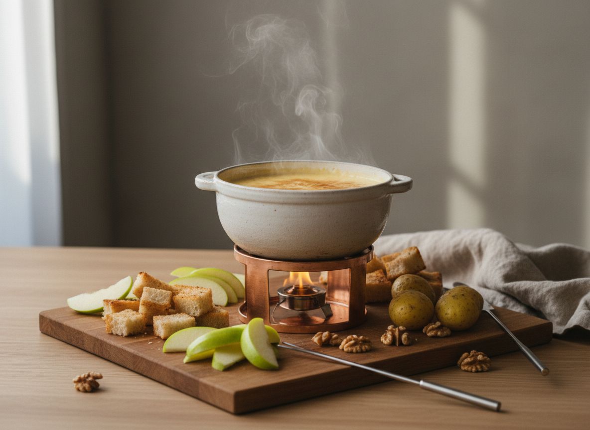 Caldero de fondue de Cabrales cremosa con vetas azules, rodeado de cuencos con dados de pan tostado, gajos de manzana verde, patatas y nueces, en cerámica gris piedra