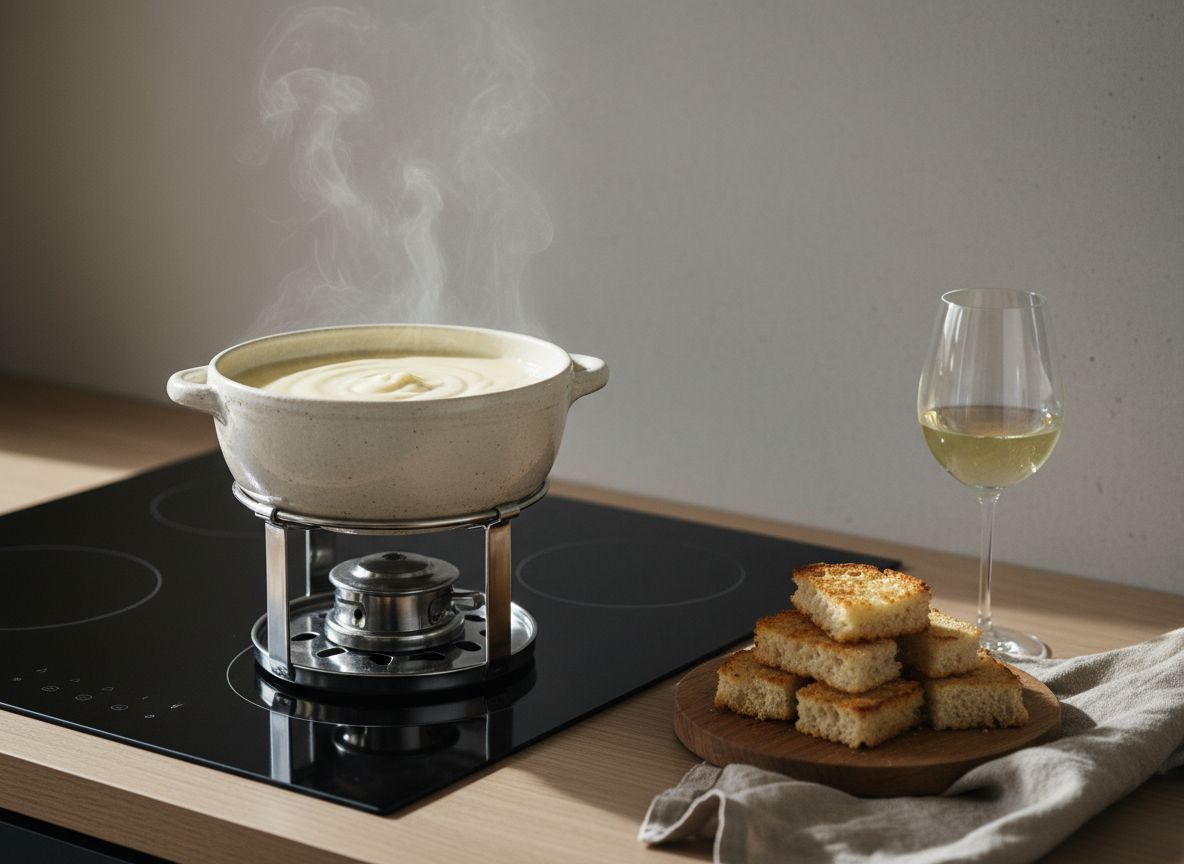 Caquelon de fondue de Gruyère y Vacherin cremosa haciendo cinta desde un tenedor con pan, cuencos de dados de pan de hogaza alrededor, sobre hornillo en mesa de roble