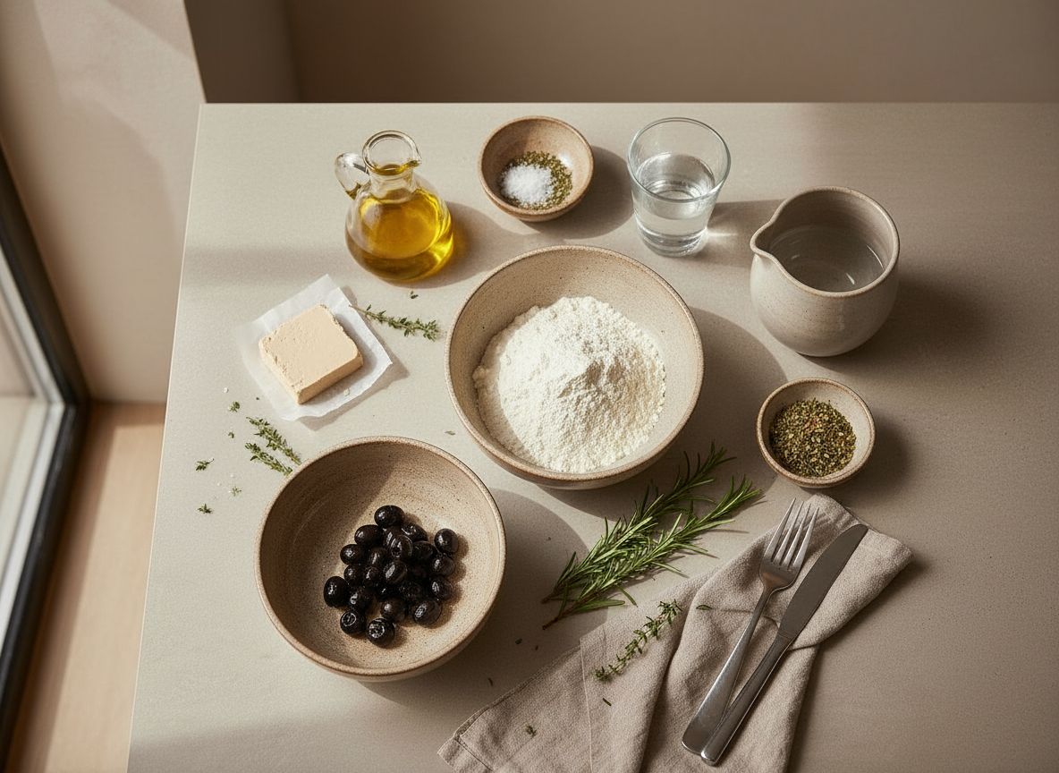Ingredientes de la fougasse provenzal en bodegon cenital: harina, agua, aceite, aceitunas negras y hierbas