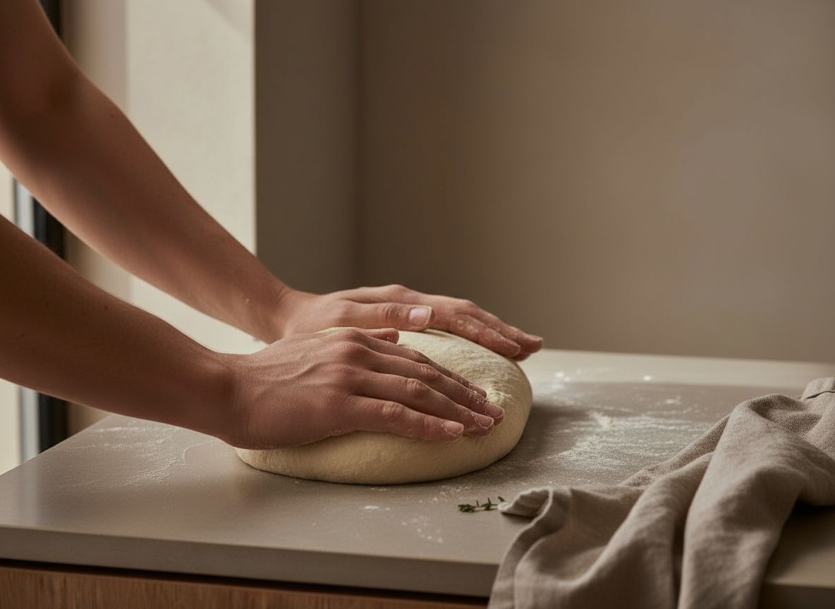 Amasando a mano una masa de pan lisa y elastica sobre la encimera de roble
