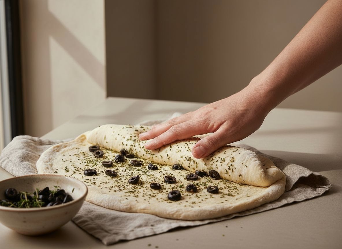 Incorporando aceitunas negras y hierbas de Provenza a la masa plegandola