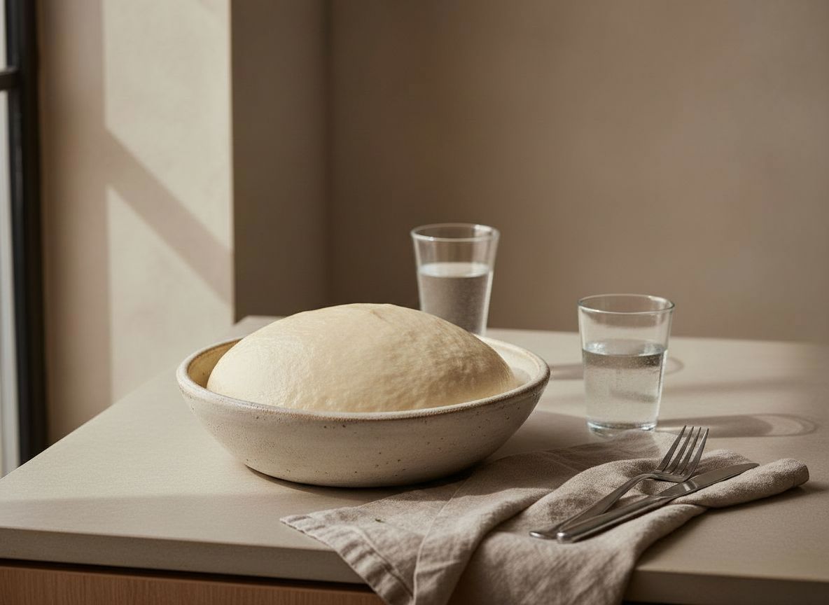 Masa de fougasse fermentada y doblada en un bol de ceramica