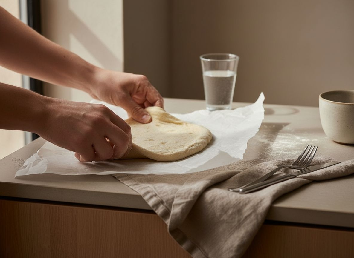 Estirando la masa en un ovalo aplanado sobre papel de horno