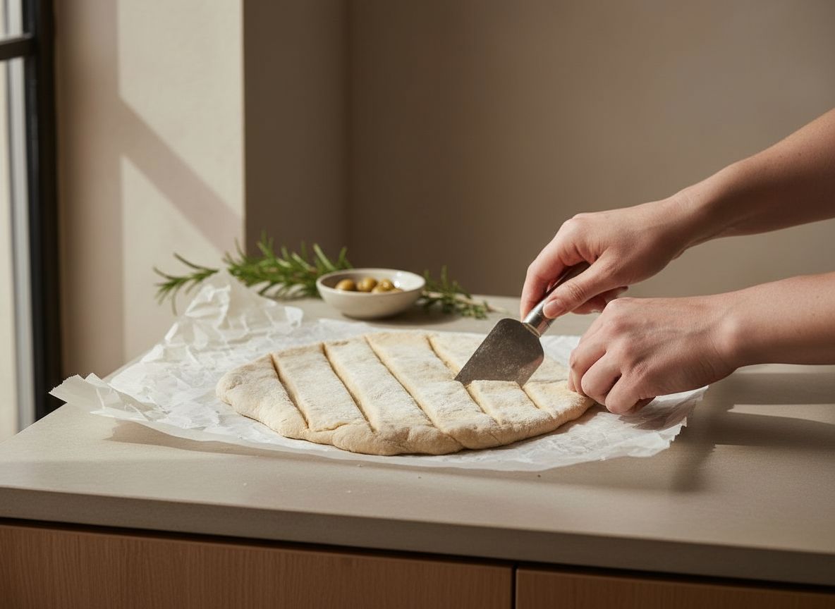 Cortando la nervadura de hoja en la fougasse con una rasqueta y abriendo los cortes