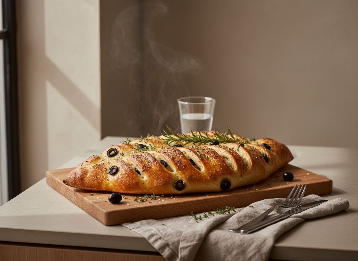 Fougasse provenzal horneada en forma de hoja con aceitunas y hierbas, dorada y crujiente, sobre tabla de roble