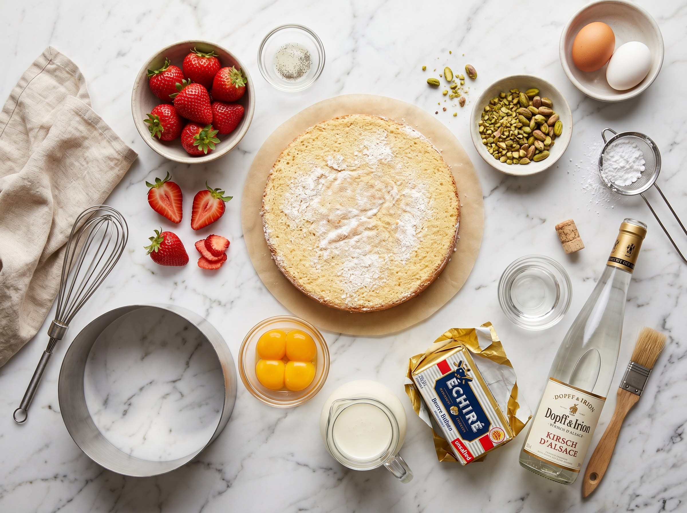 Ingredientes fraisier: fresas de temporada, pistachos, bizcocho genovés, huevos, mantequilla