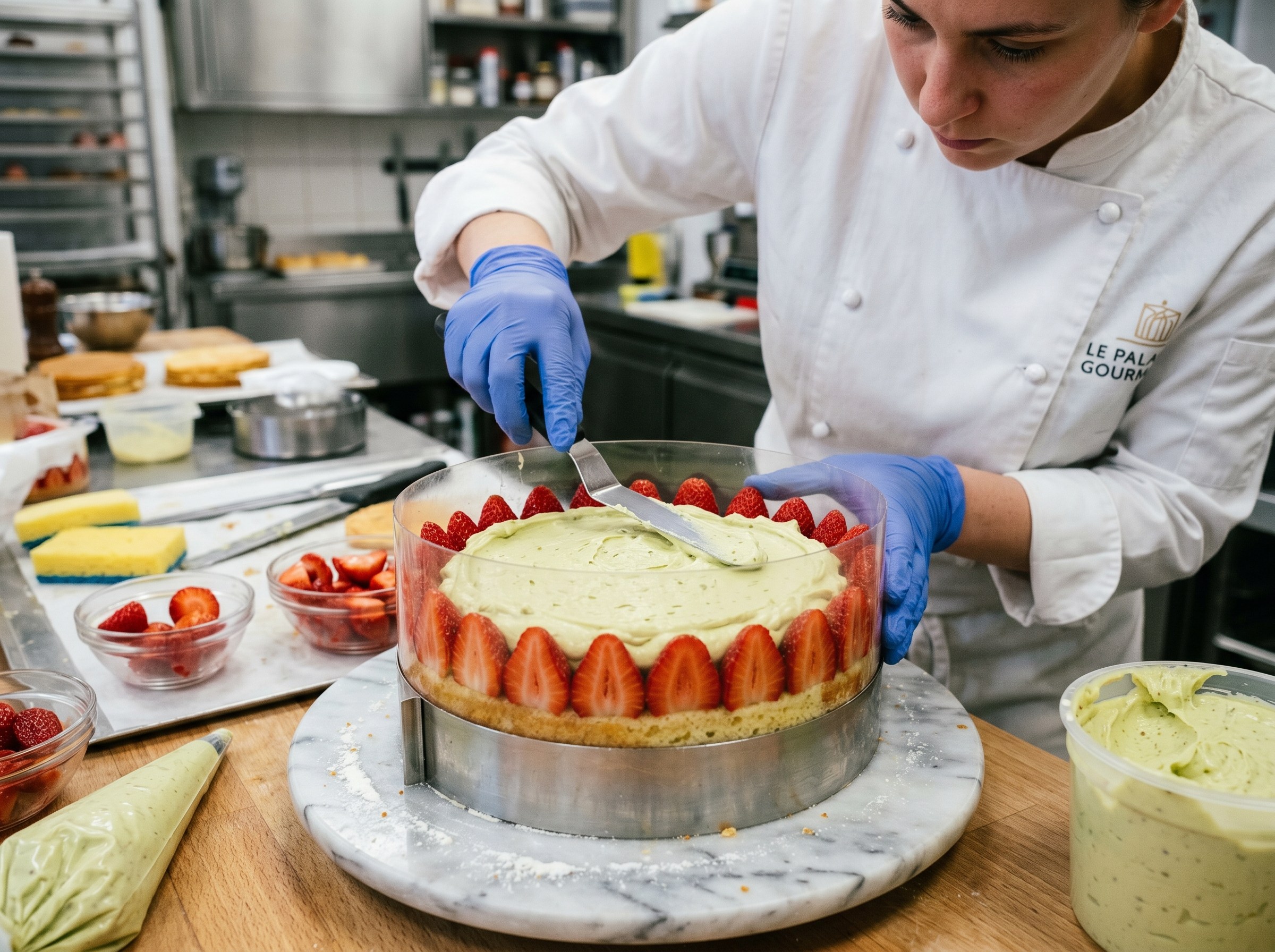 Fraisier siendo montado: fresas alineadas contra el acetato con el corte hacia fuera