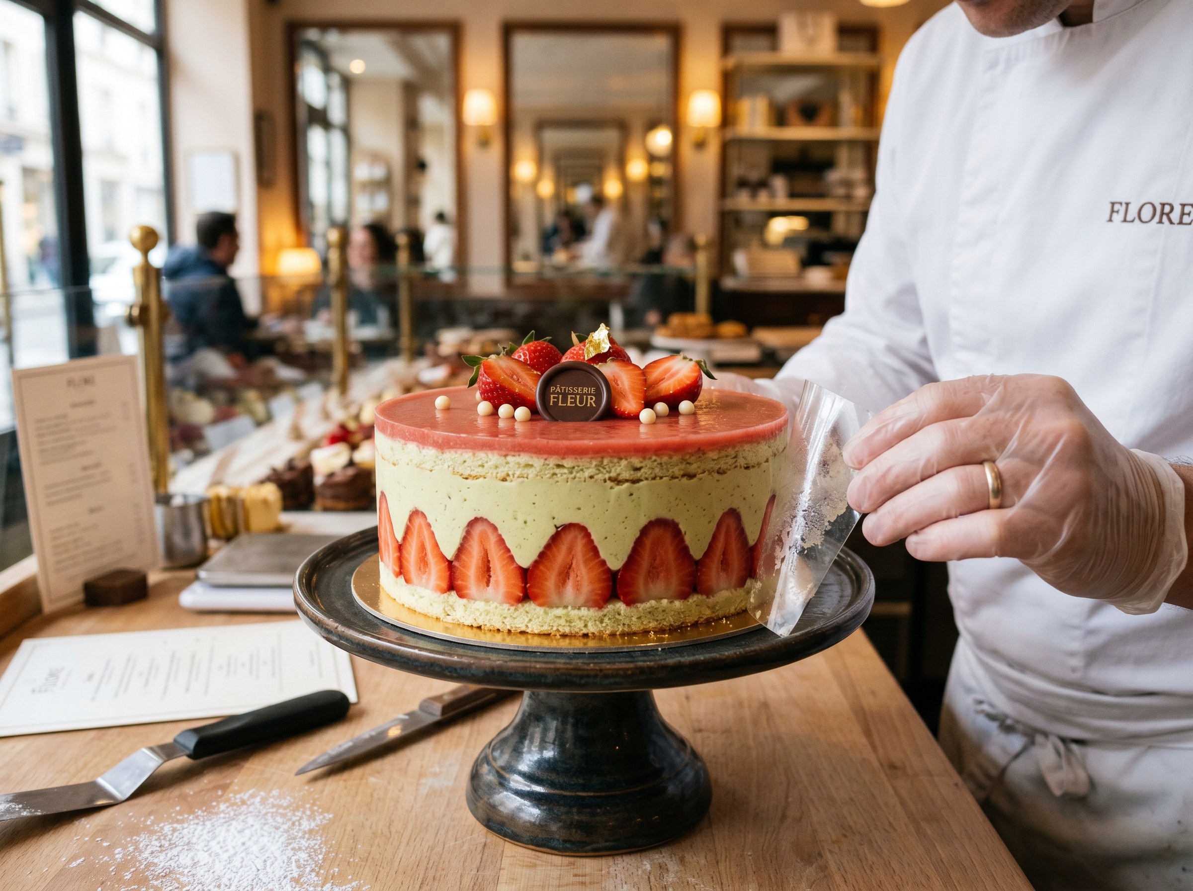 Fraisier desmoldado revelando el patrón perfecto de fresas en los laterales