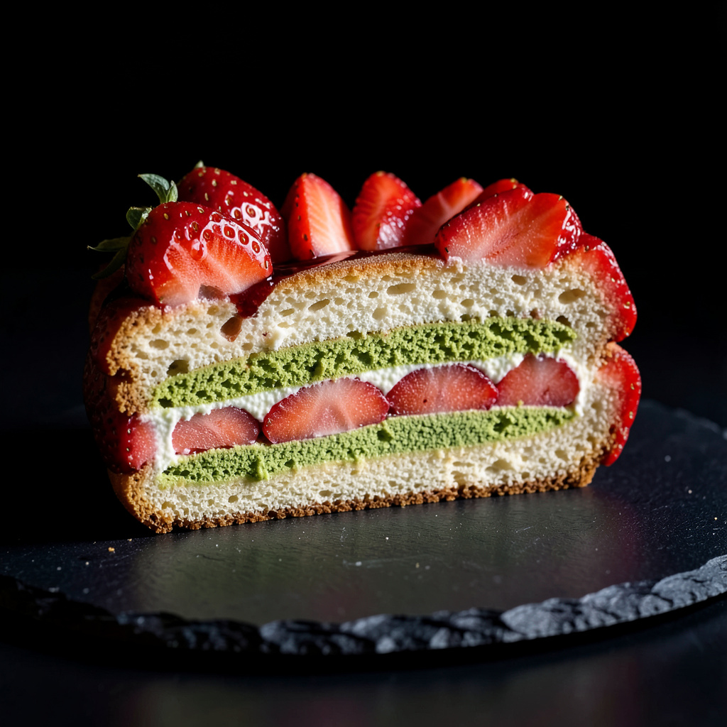 Corte del fraisier revelando capas perfectas: bizcocho, crema pistache y fresas