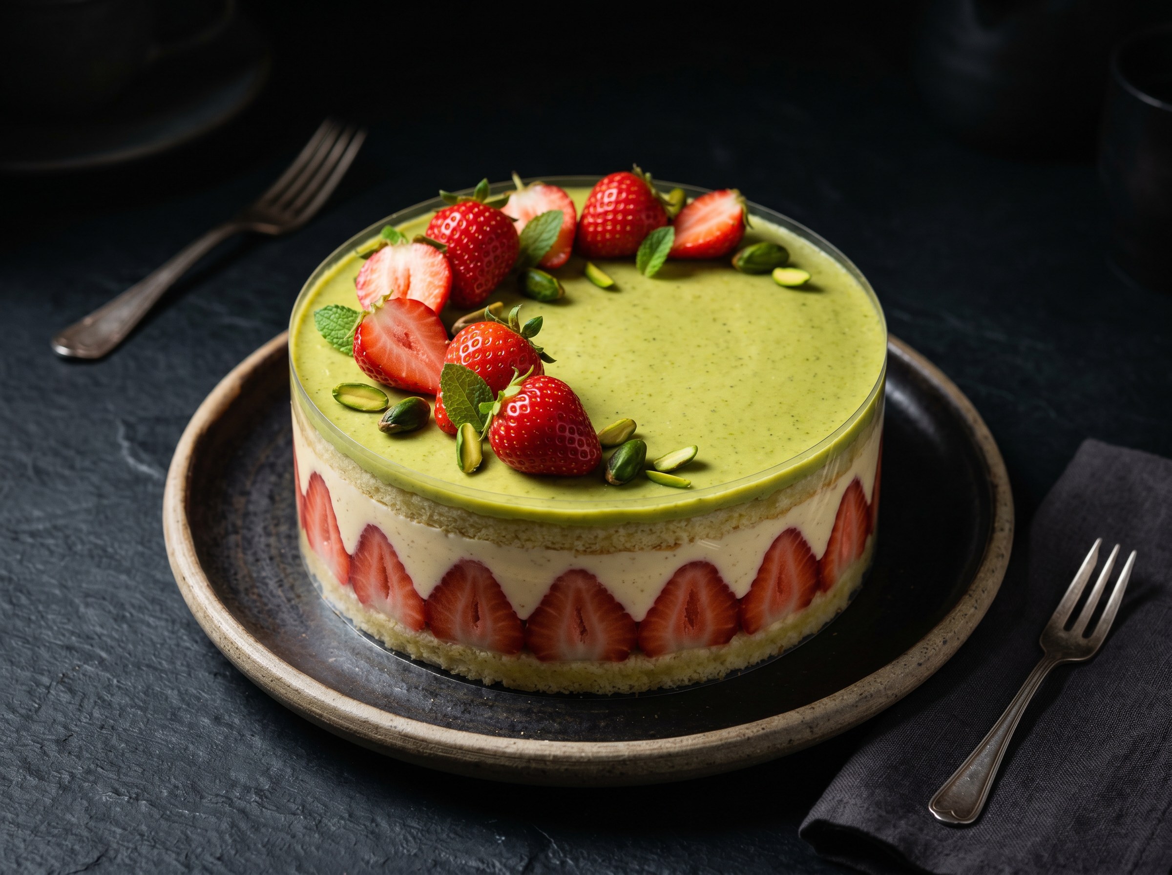Fraisier moderno con fresas de temporada y crema mousseline de pistache