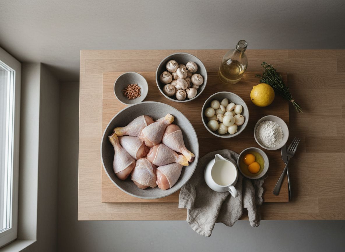 Mise en place del fricasé: pollo de corral despiezado en ocho, champiñones blancos en cuartos, cebollitas francesas peladas, chalotas picadas, nata, yemas de huevo, harina y bouquet garni atado