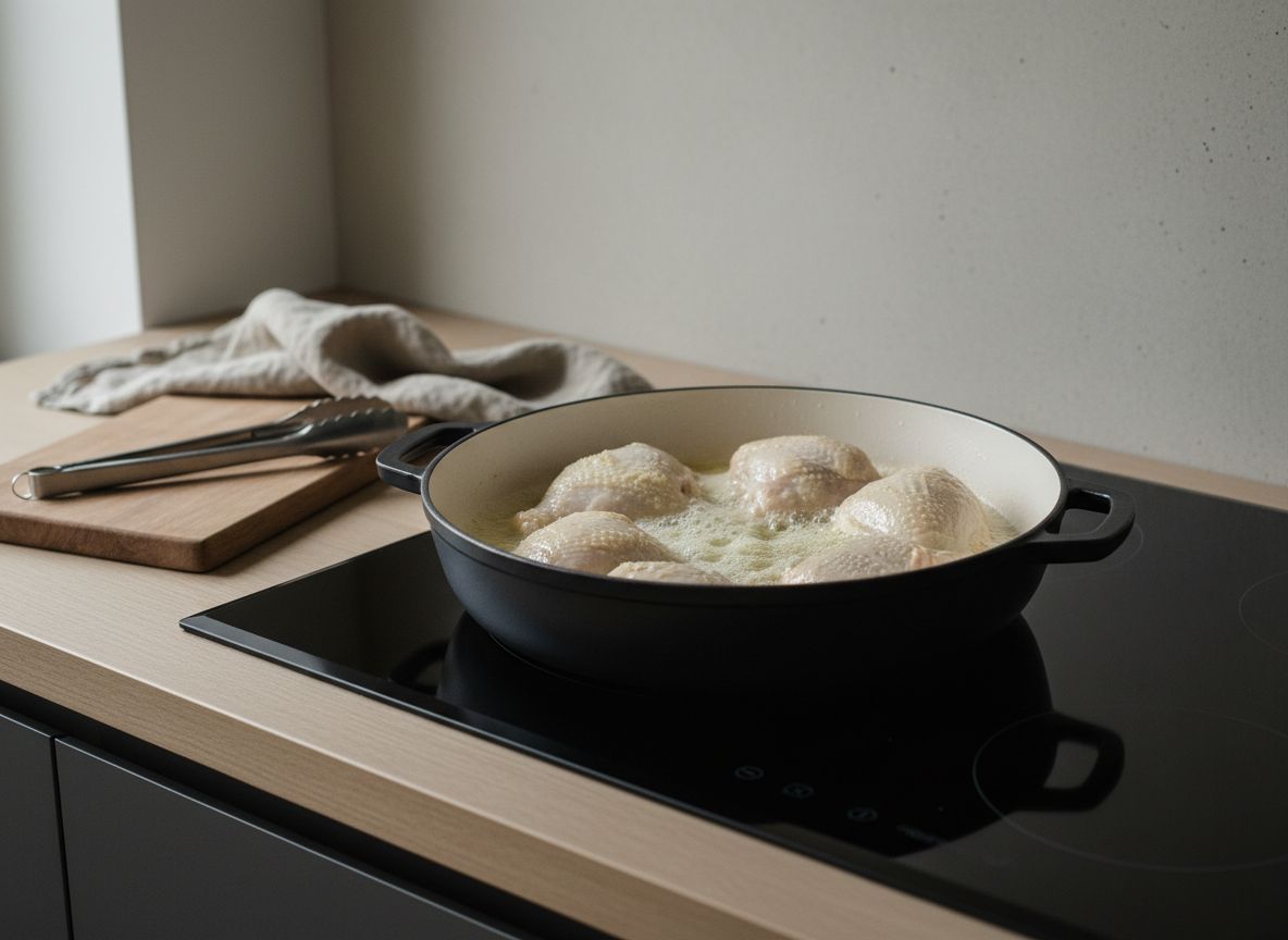 Piezas de pollo rehogándose en mantequilla en la cocotte, blancas y opacas, sin ninguna mancha dorada