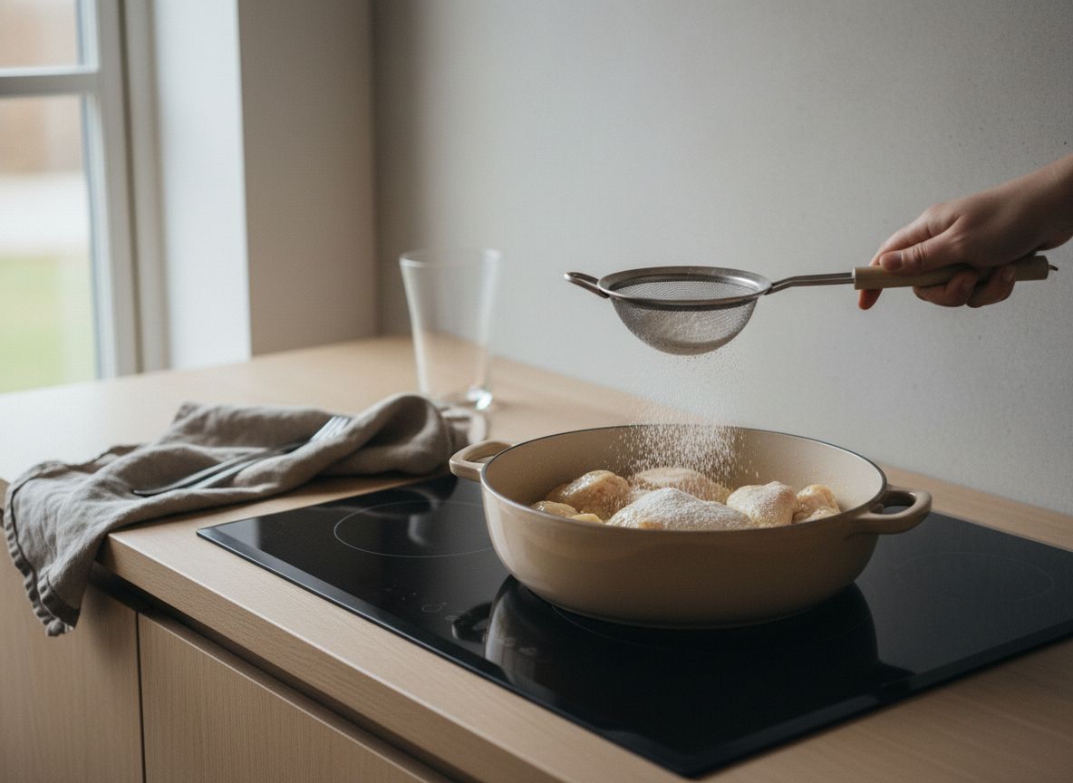 Harina espolvoreándose con colador sobre el pollo rehogado para hacer el roux blanco directamente en la cocotte