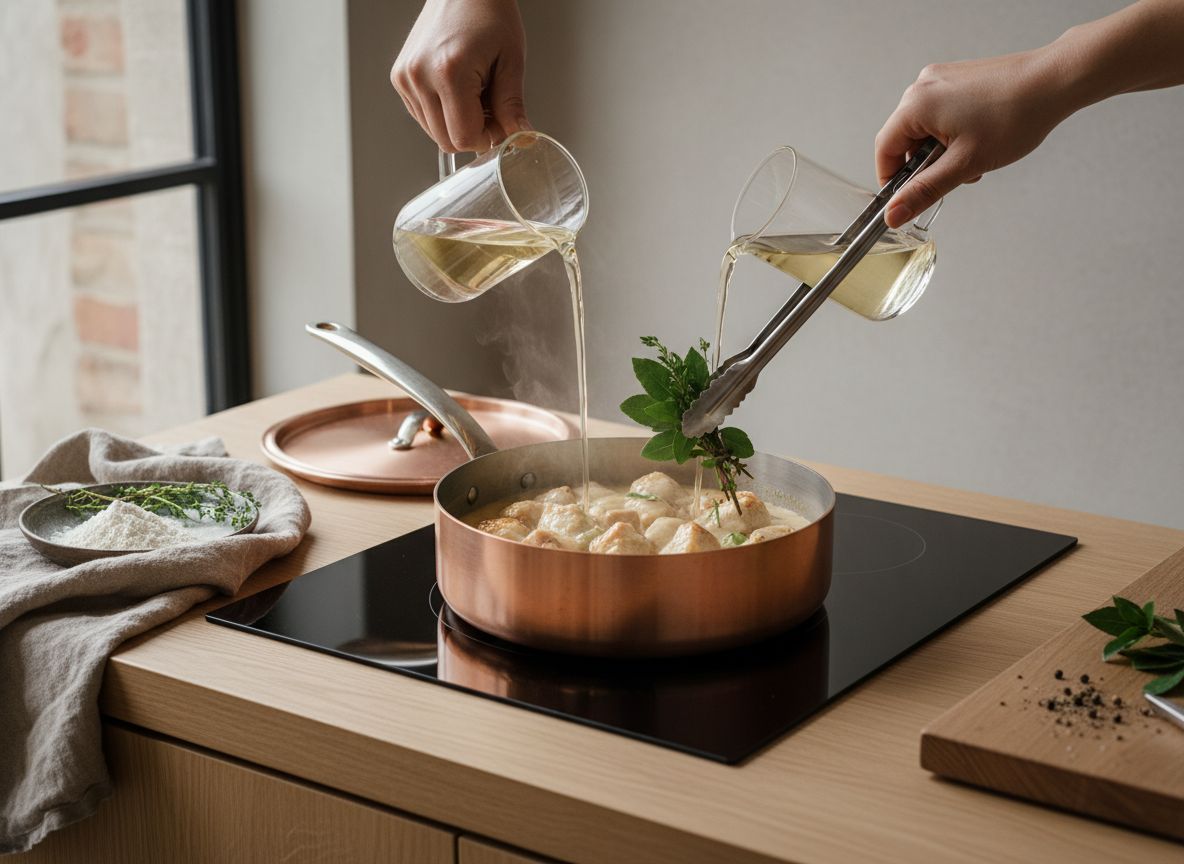 Caldo blanco añadiéndose al fricasé con el bouquet garni hundido entre las piezas de pollo
