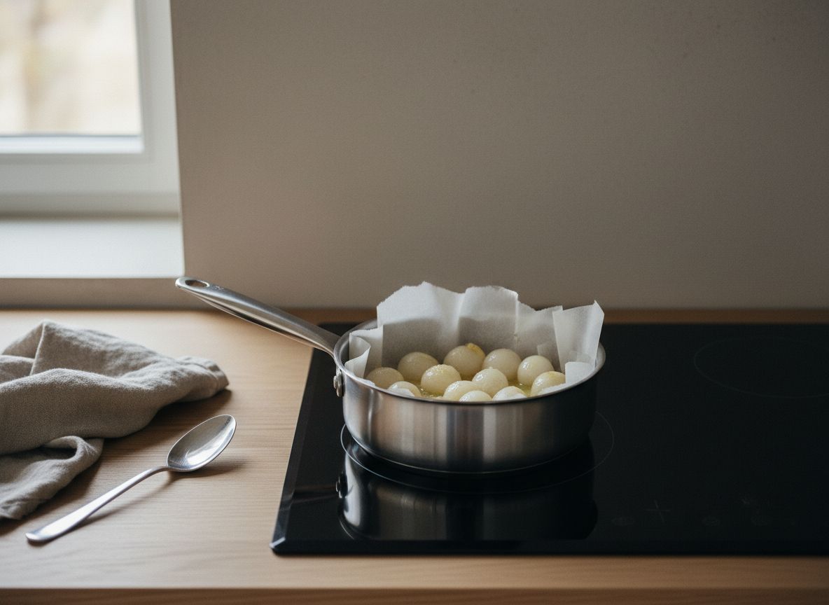 Cebollitas francesas glaseándose a blanco bajo un cartouche de papel de horno, con el jarabe brillante en el fondo