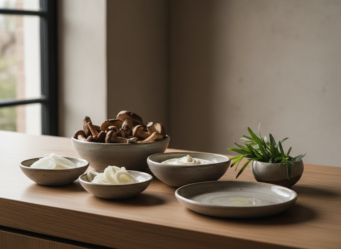 Setas variadas, chalotas, nata, vino blanco y estragón en cuencos de cerámica artesanal vistos de lado sobre tabla de roble, con luz natural desde la izquierda.