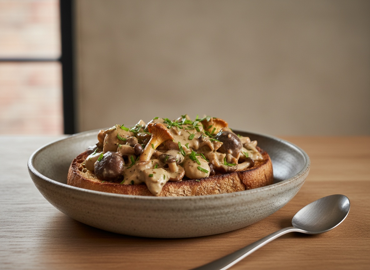 Fricasé cremoso de setas con estragón servido sobre una tostada dorada, en plato de cerámica artesanal sobre tabla de roble con luz natural desde la izquierda.