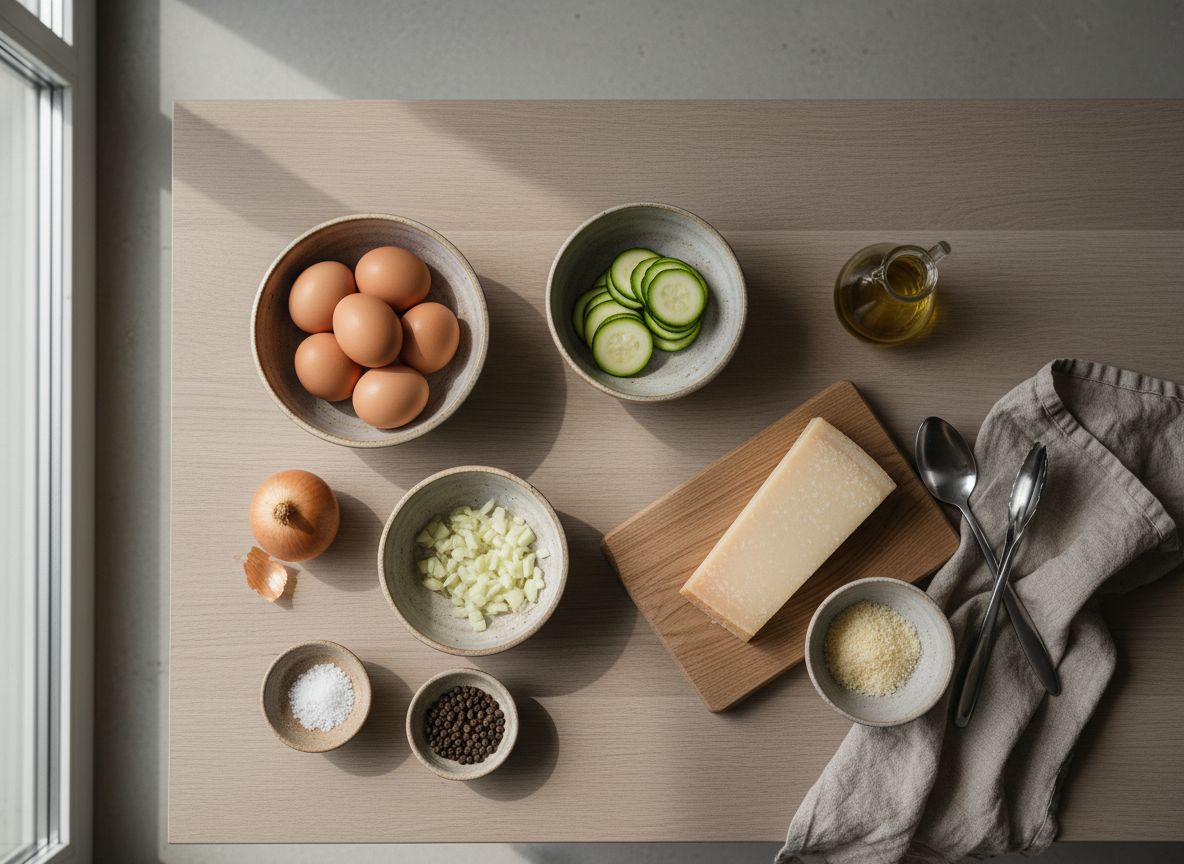 Ingredientes de la frittata dispuestos en la encimera: huevos camperos, calabacín en rodajas saladas, cebolla dulce, cuña de Parmigiano Reggiano, nata y albahaca