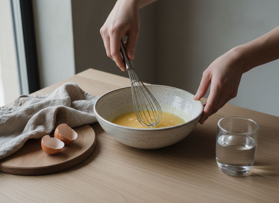 Mezcla de huevo batido con nata y parmesano rallado en un bol, homogénea y sin espuma