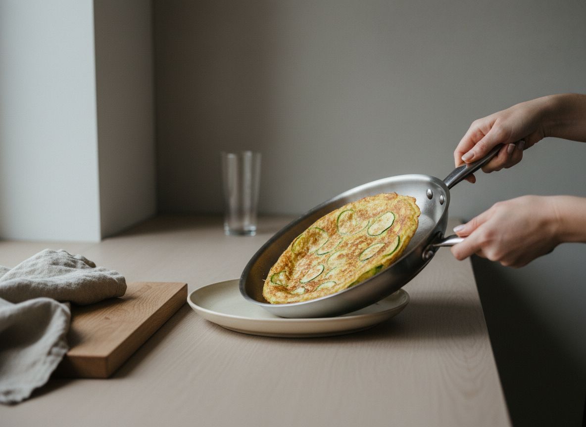 Corte de la frittata en seis porciones triangulares con cuchillo de sierra sobre tabla de madera