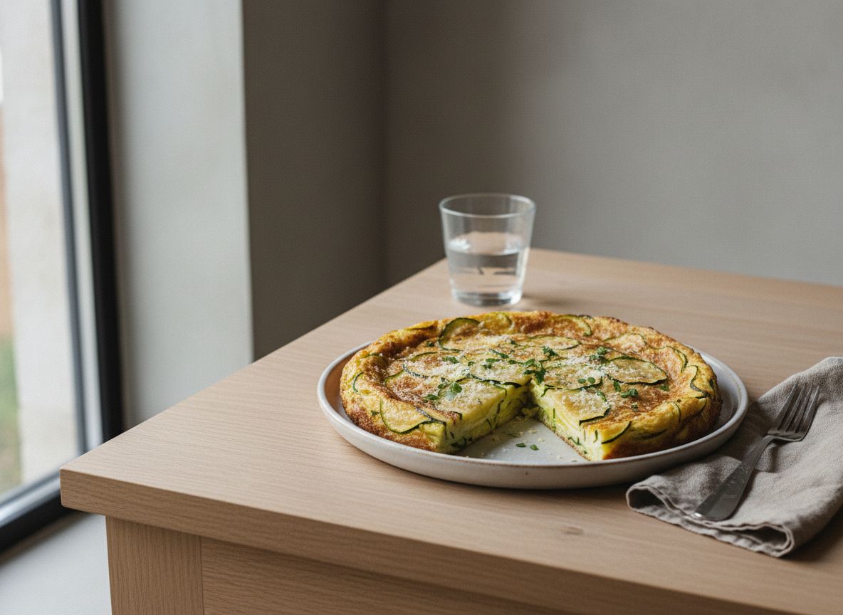Frittata de calabacín, cebolla y parmesano cortada en porciones, con la costra gratinada dorada, lascas de parmesano y albahaca fresca sobre plato blanco