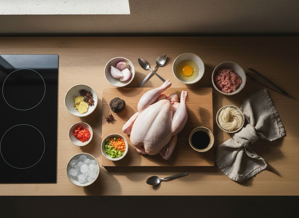 Mise en place del consomé de gallina trufada: gallina vieja entera, cebolla quemada, jengibre en láminas, anís estrellado, puerro, zanahoria, claras de huevo, fideos de arroz secos y una trufa negra cepillada