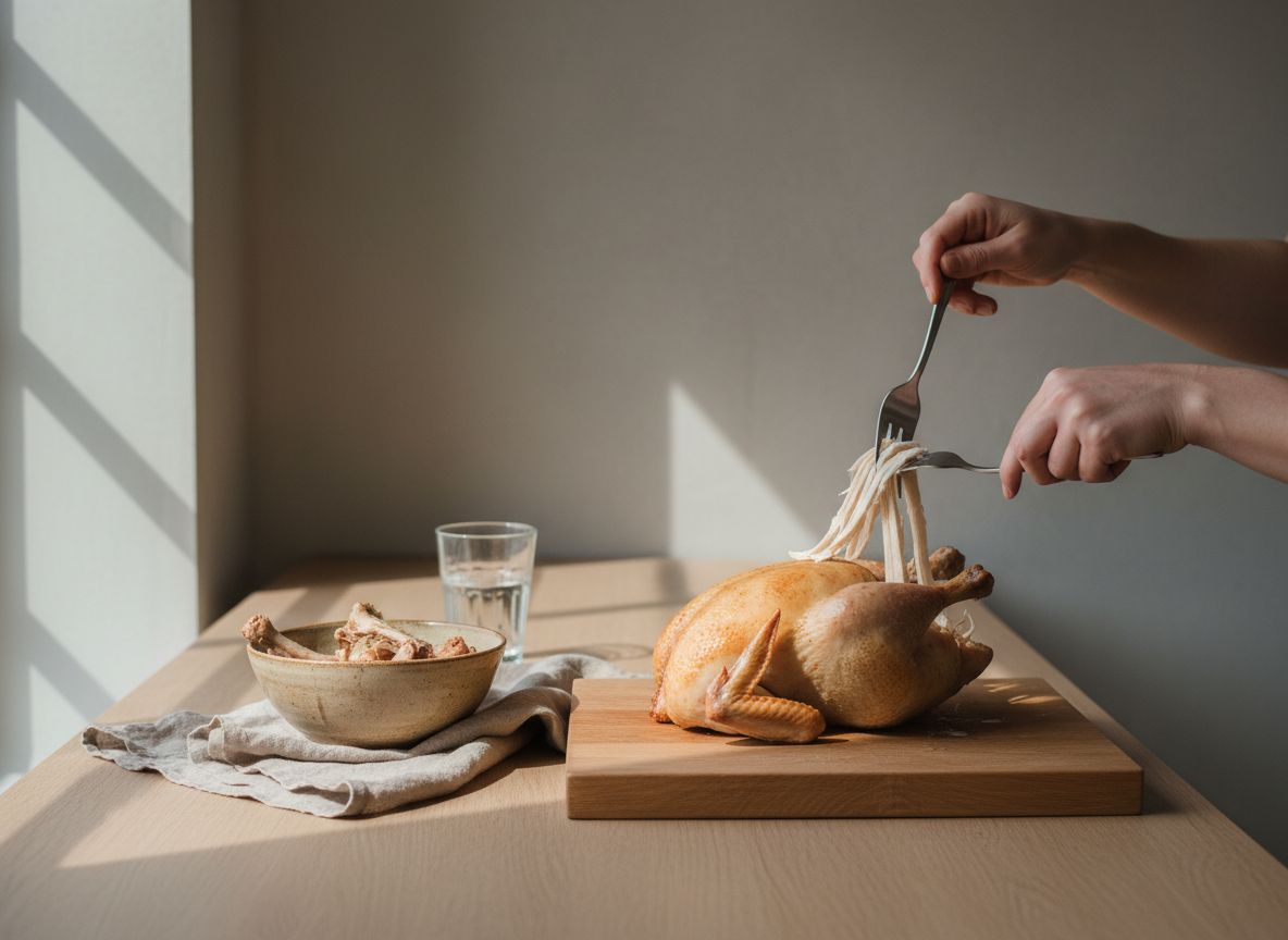 Consomé ámbar completamente transparente en un cazo, con la carne de gallina desmigada en tiras al lado
