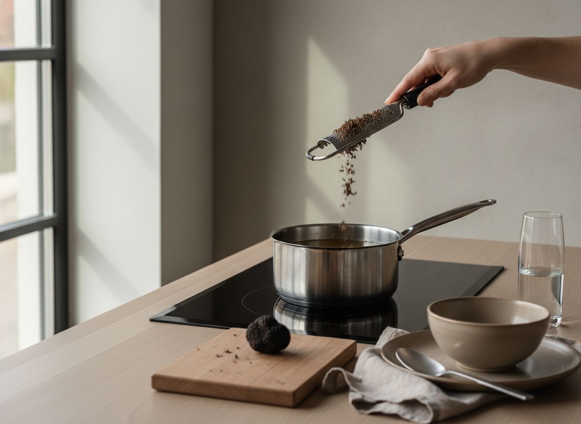 Trufa negra rallándose con microplane sobre el consomé caliente antes de tapar para la infusión