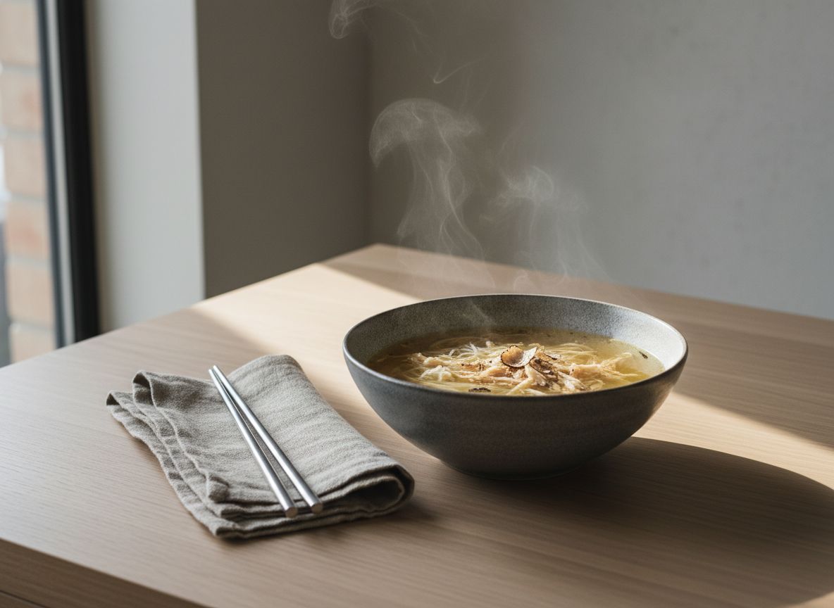 Consomé de gallina trufado servido en bol hondo de cerámica blanco hueso: caldo ámbar completamente transparente sobre fideos de arroz y tiras de gallina desmigada, con láminas de trufa negra, rodajas finas de cebolleta y hojas de cilantro, y vapor sutil ascendiendo