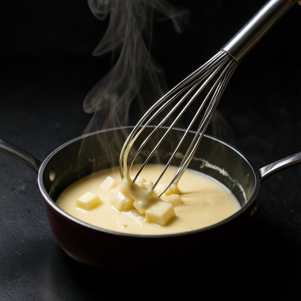 Beurre blanc de miso blanco emulsionando con varillas