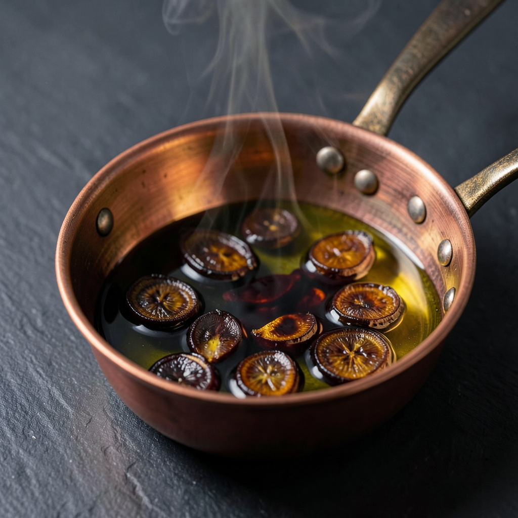 Ajo negro fermentado infusionando en aceite en sartén de cobre