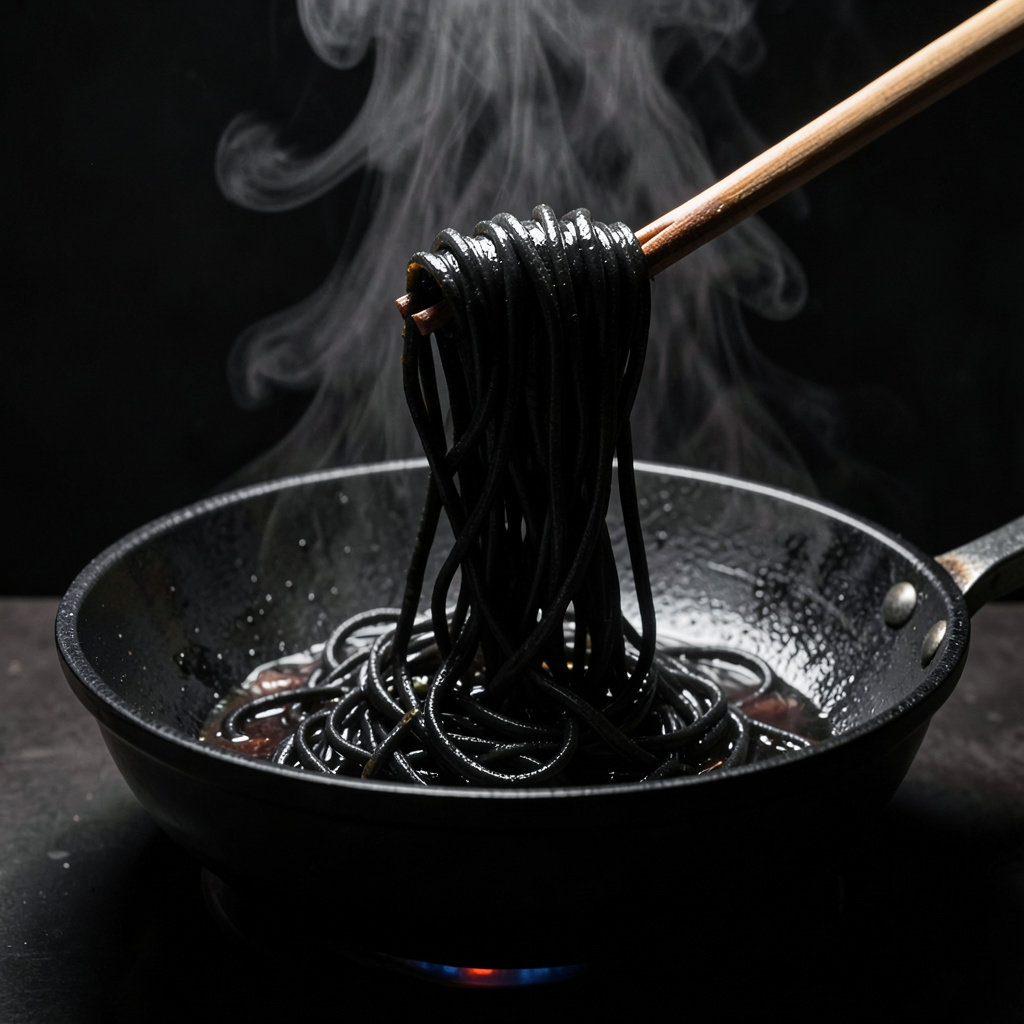 Soba de tinta negra salteado brillante con palillos