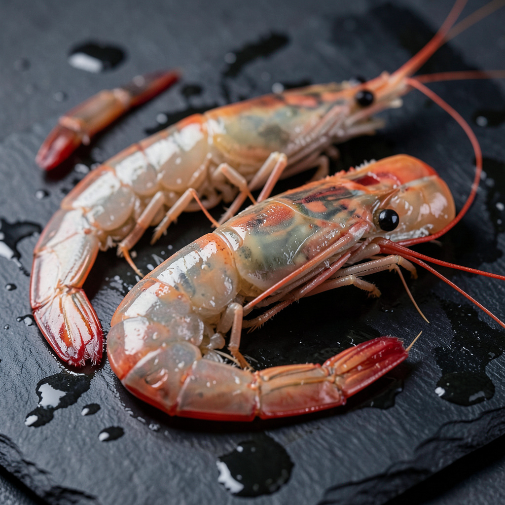 Gambas blancas de Huelva enteras crudas sobre pizarra húmeda